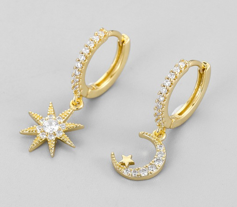  Moon and Star Huggie Earrings 