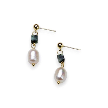 Natural Stone Drop Earrings with Freshwater Pearl in Gold