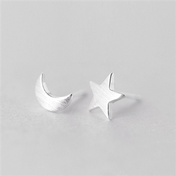 Moon and Star Stud Earrings in Solid Sterling Silver