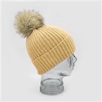 Cashmere Blend Faux Fur Pom-Pom Bobble Hat in Flax - HTN01F
