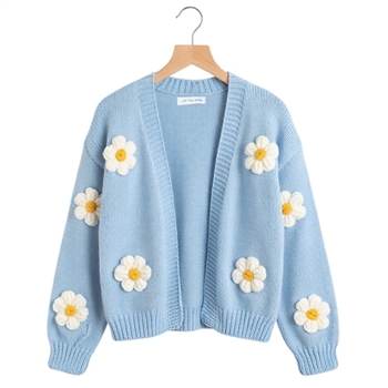Daisy Applique Open Cardigan in Pale Blue