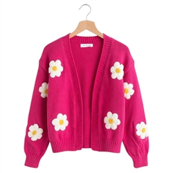 Daisy Applique Open Cardigan in Hot Pink