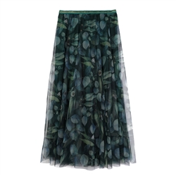 Green Botanical Print Tulle Layer Skirt