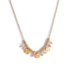 Hammered Disc & Bead Drop Necklace in Pink