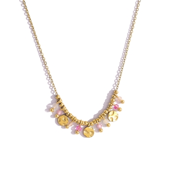 Hammered Disc & Bead Drop Necklace in Pink