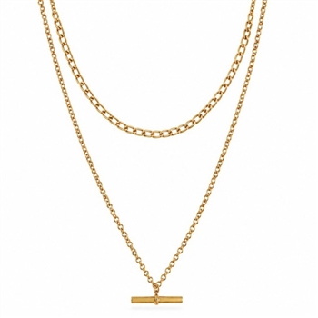 Twin Curb Chain T-bar Necklace in Gold
